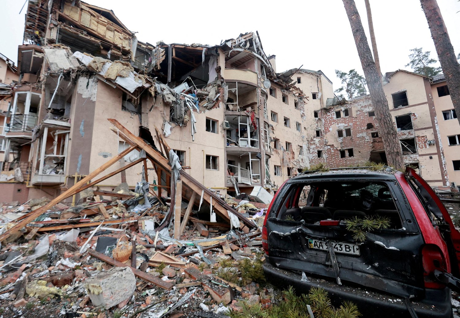 A view shows a residential building destroyed by recent shelling, as Russia's invasion of Ukraine continues in the city of Irpin in the Kyiv region March 2, 2022.